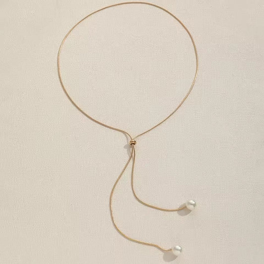 Simple Faux Pearl Pendant Adjustable Long Sweater Chain Necklace