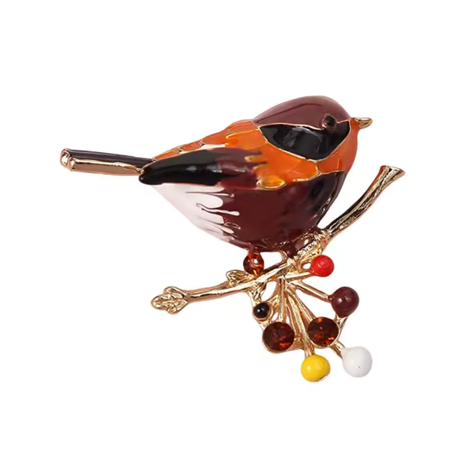 Delicate Rhinestone Birds On Flower Branches Brooches